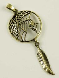 Finely carved bronze pendant representing a spider with a feather