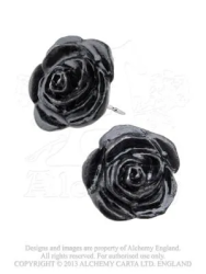 Pair of gothic earrings by Alchemy Gothic with small black roses by Alchemy Gothic