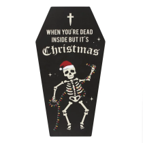 Panneau en forme de cercueil avec squelette dansant à No°Hell