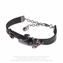 Bracelet gothique en cuir par Alchemy Gothic avec un chat noir en étain