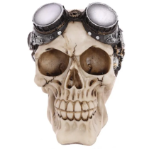 Cranio figurine, resina, con ingranaggi meccanici e occhiali steampunk
